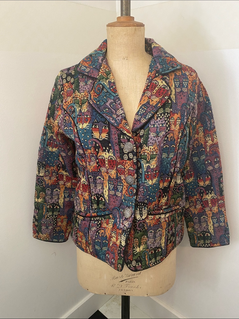Parsley & Sage Cat Jacket Small Tapestry Blazer Colorful Folk Art Cats